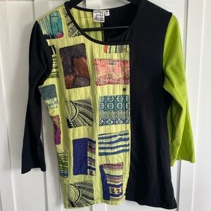 Parsley & Sage Rare Wearable Art Multicolor Patchwork 3/4 Sleeve Top Sz Small